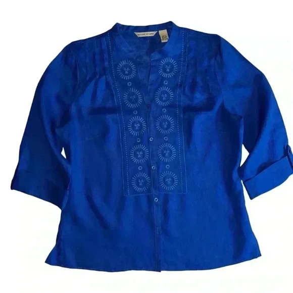 E•COL•O•GIE size Large 100% linen beautiful blue with detailed embroidery top - Picture 2 of 12